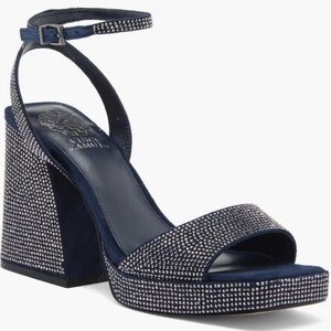 Vince Camuto Pilannaa Rhinestone Block Heel Sandal Navy Blue. New